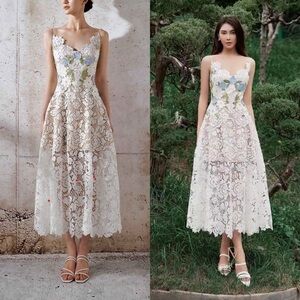Montsand Lobbster Roses Lace Midi Dress Appliqué Floral White Medium NWT